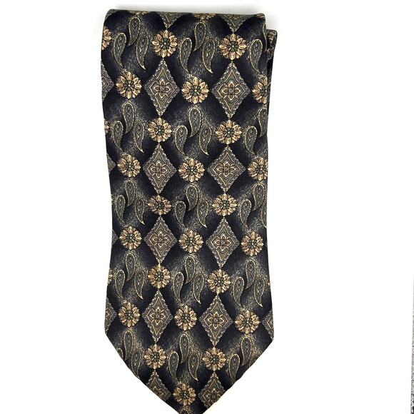 Johnny Carson - Men's Tie - Floral Paisley All Over Design -Black Gray Tan -Silk - Picture 4 of 5